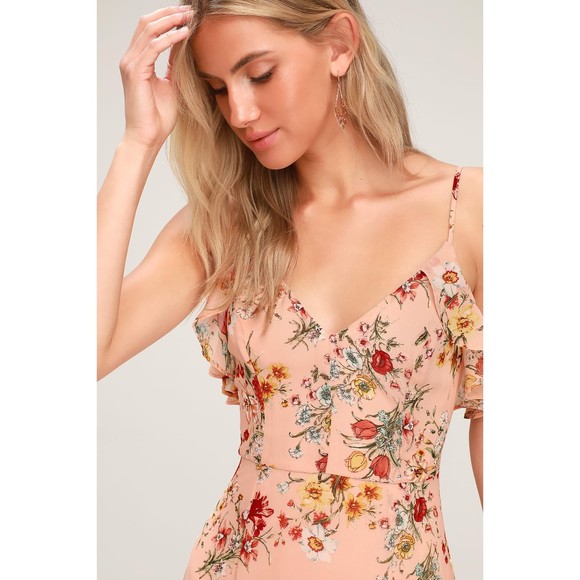 NWT LULUS Gabriella Blush Pink Floral Print Ruffled High-Low Maxi Dress Medium - Picture 4 of 9